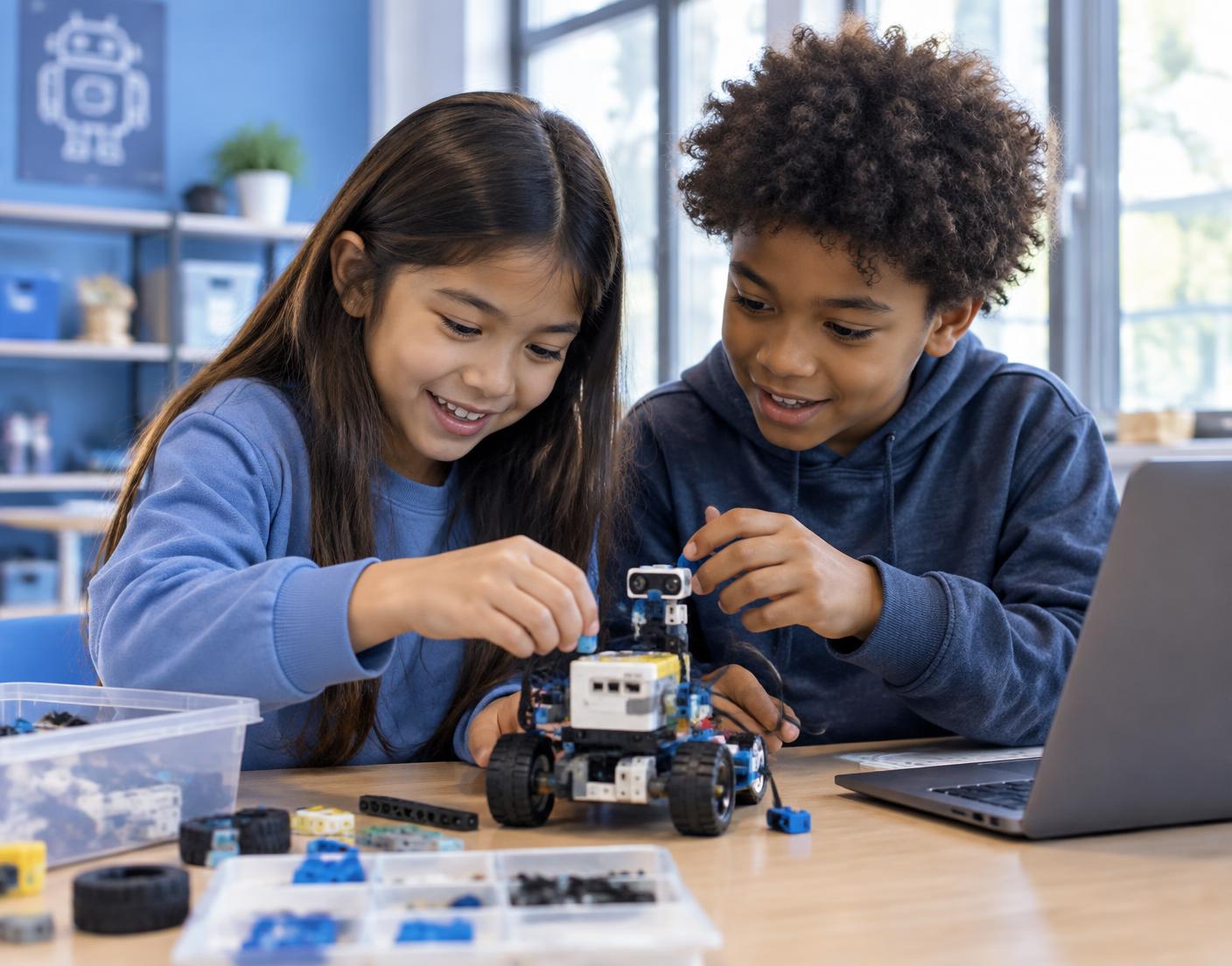 Duas crianças montando um robô educacional com peças e notebook na sala de tecnologia